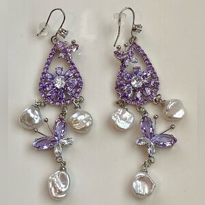E92-Handmade Purple Butterfly and Flower Keshi Earring